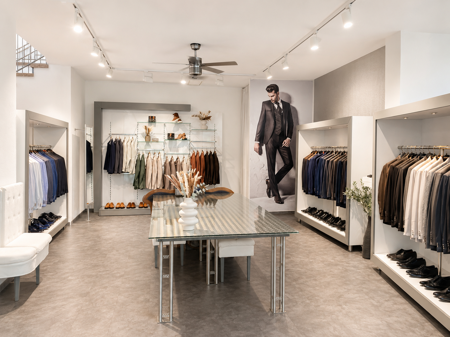 Eleganter Herrenbekleidungsladen mit Anzügen, Schuhen, Glastisch und Stühlen, stilvoll beleuchtet.