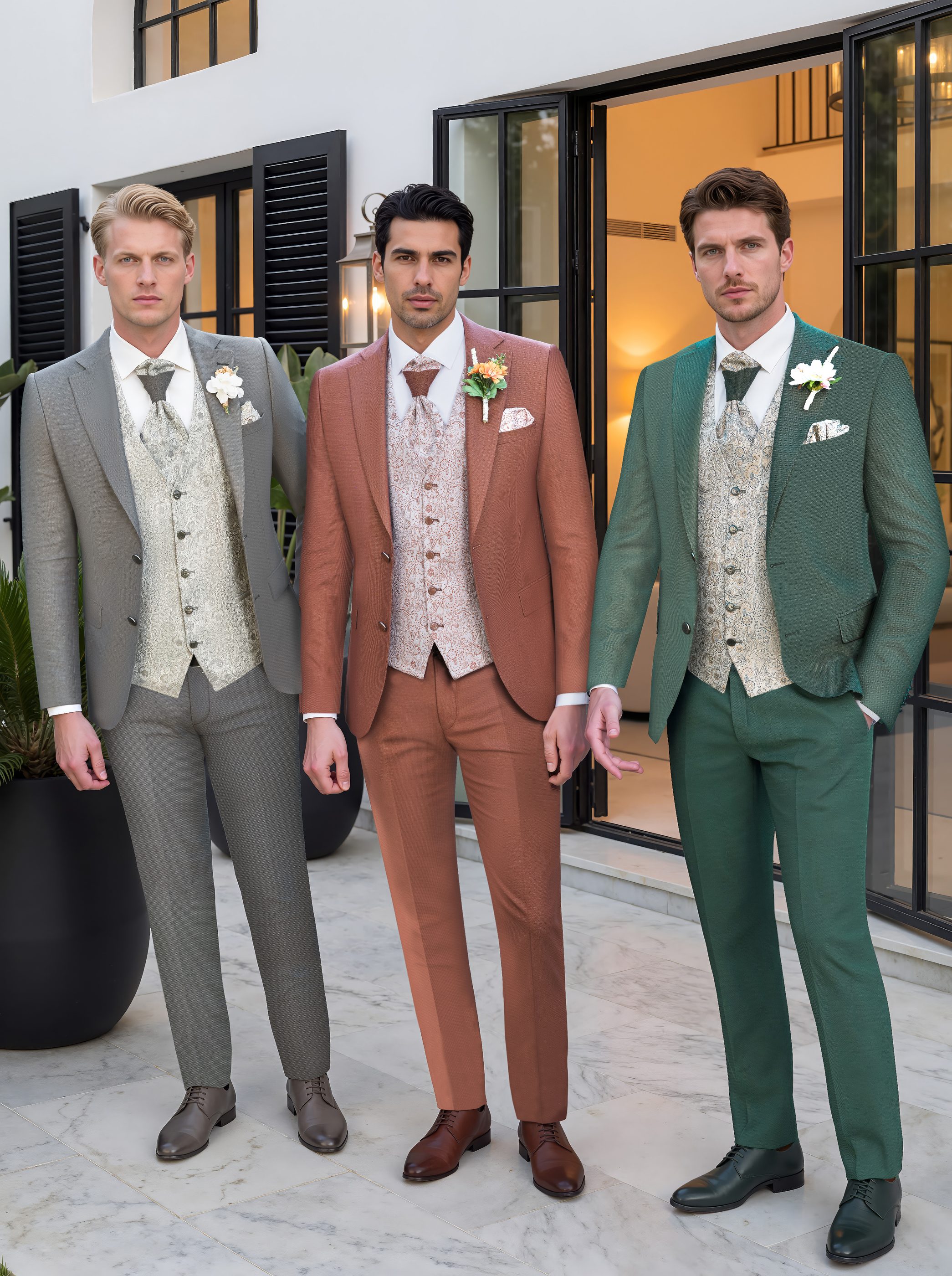 Drei Männer in eleganten Hochzeitsanzügen in Grau, Braun und Grün mit Krawatten und Blumenansteckern.