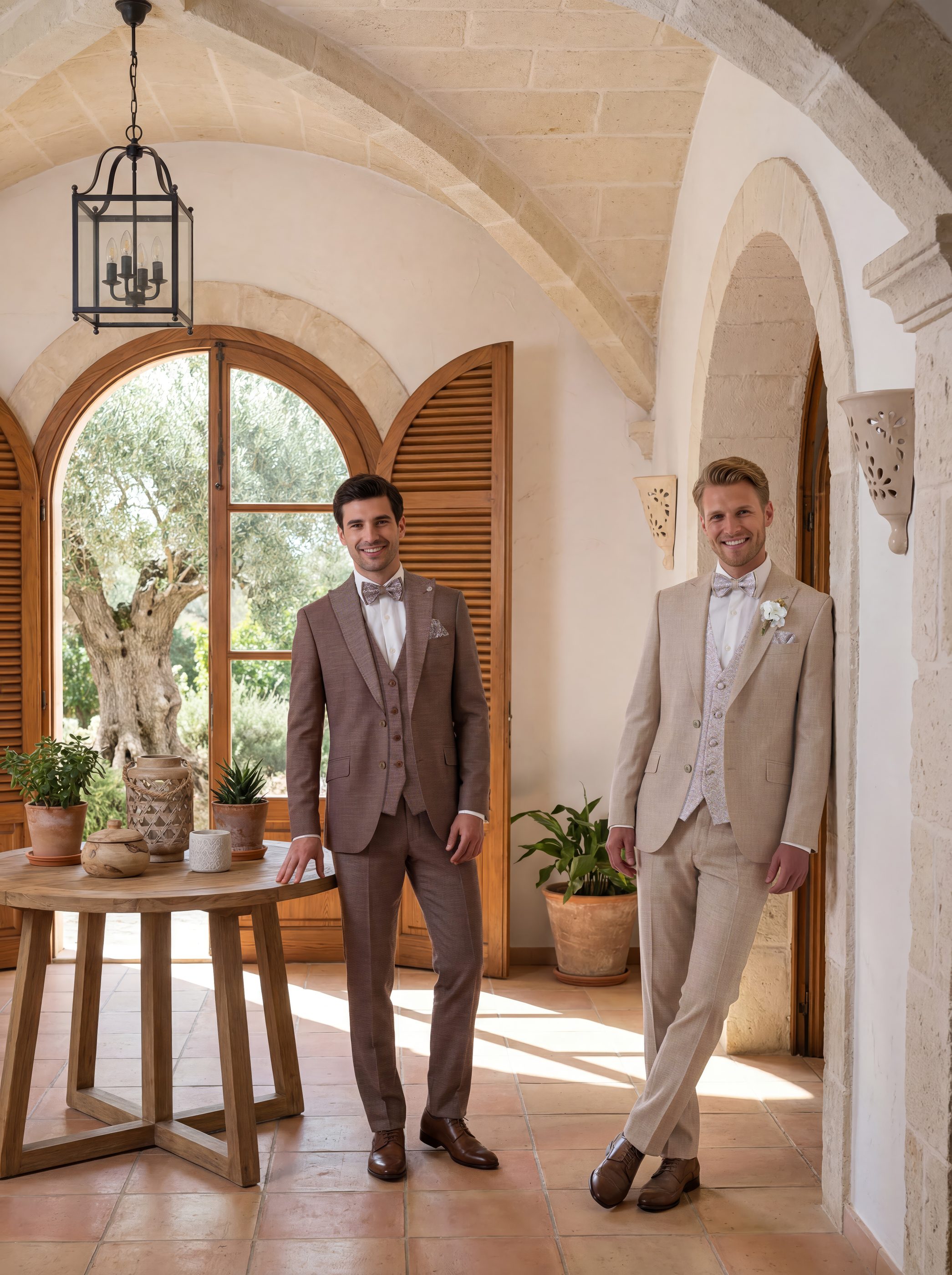 Zwei Männer in eleganten Hochzeitsanzügen posieren in einem Raum mit Bögen und großen Fenstern.