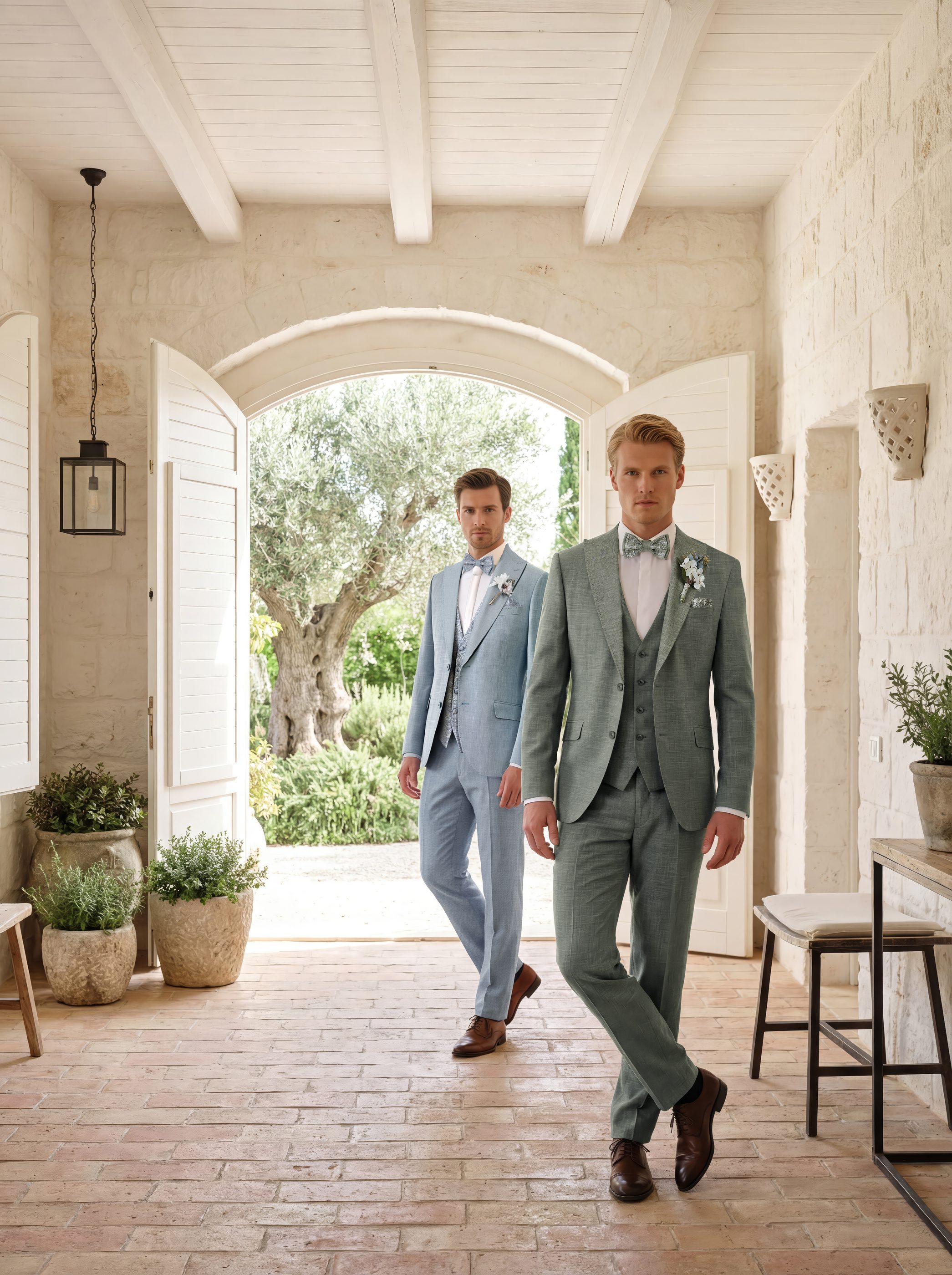 Zwei Männer in eleganten Hochzeitsanzügen, stehend in heller, stilvoller Architektur mit Pflanzen.